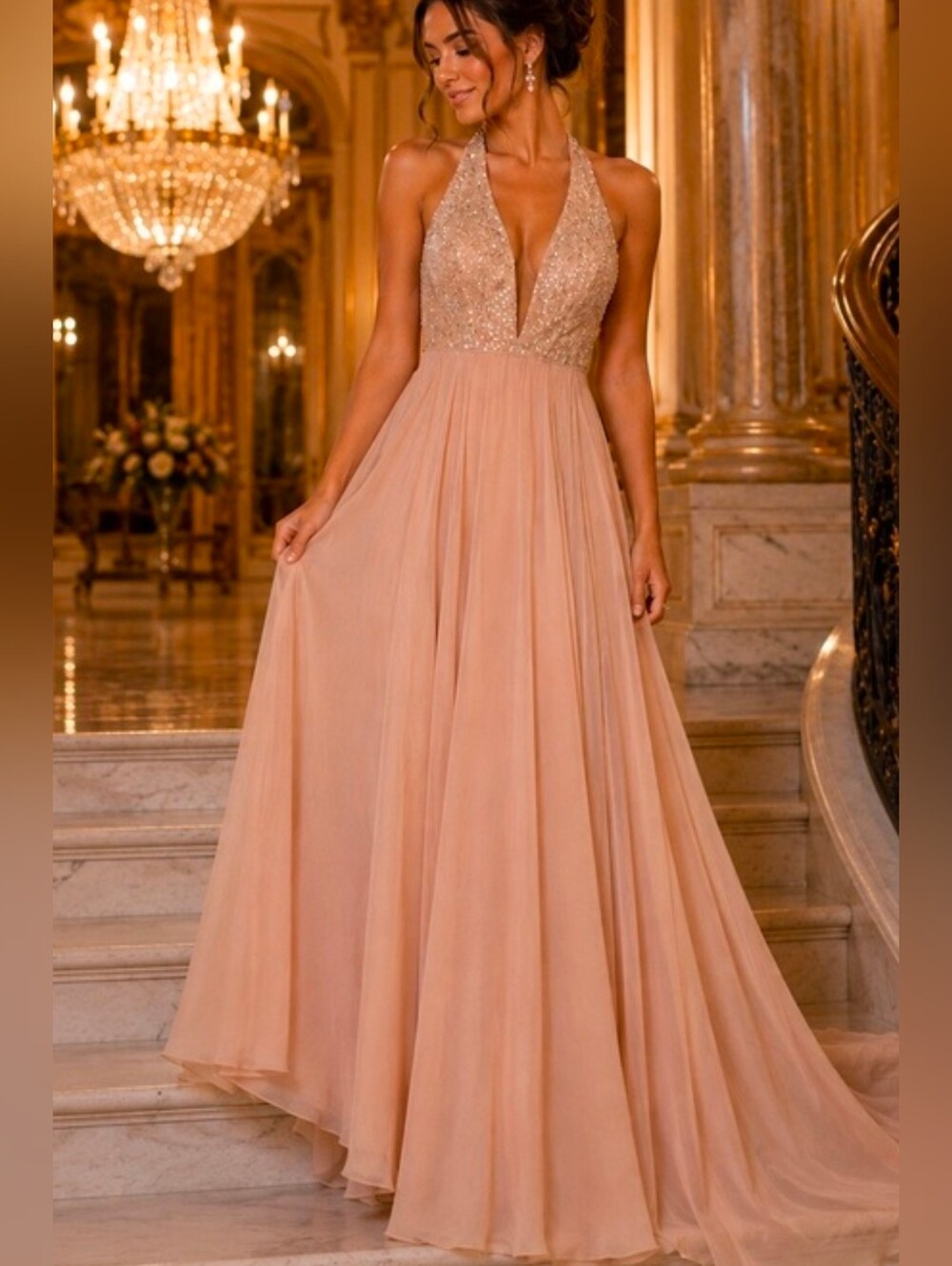 Sherri Hill NWT Nude Halter Sequin Bodice Chiffon Maxi Dress Size 6 #51640